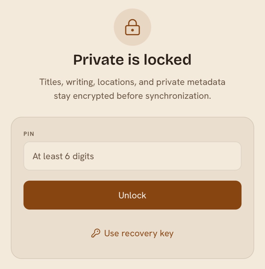 The locked Private journal in Bunari, asking for a PIN, with an option to use the recovery key